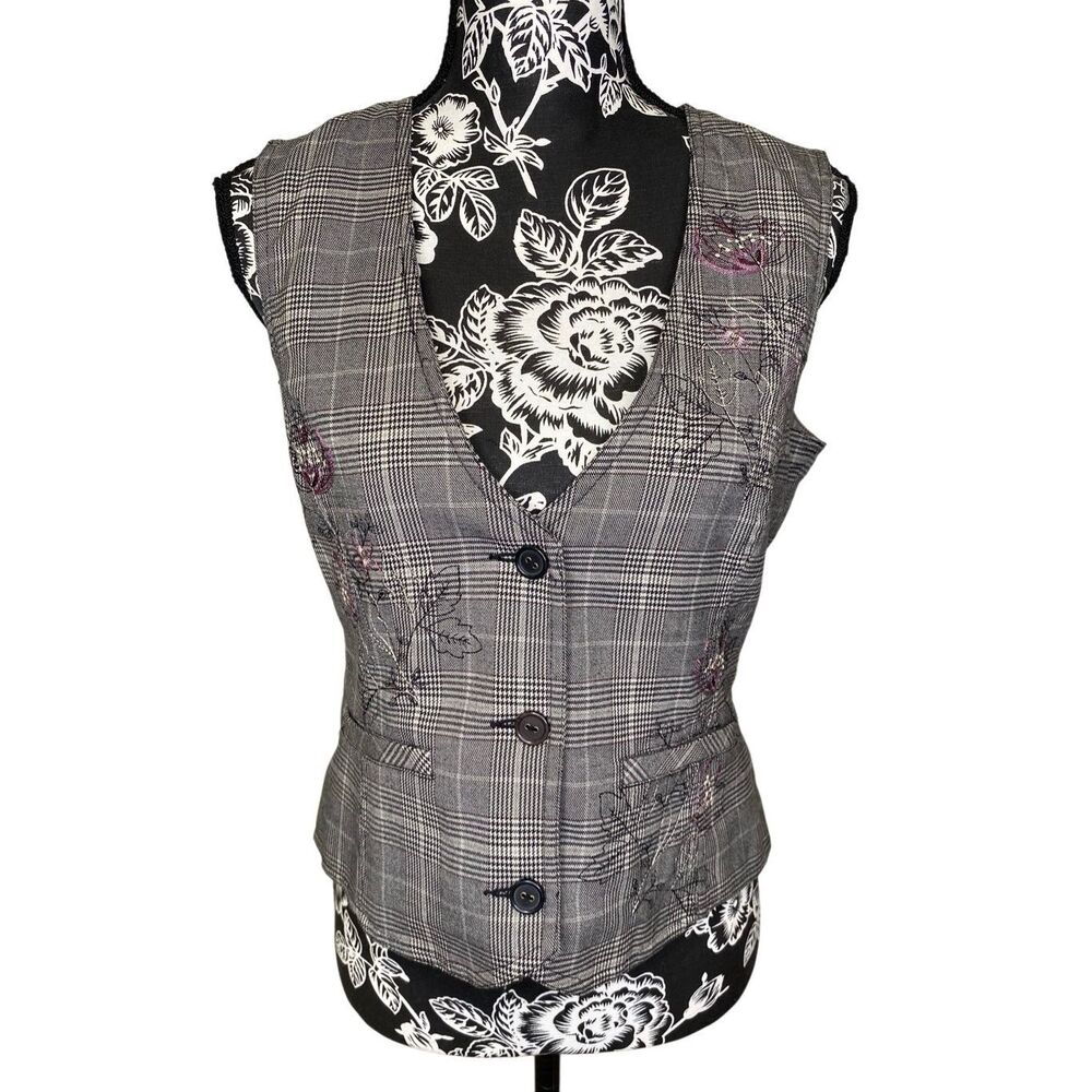 Erin London Plaid Embroidered Vest Womens 8 Career Office Academia Top Workwear
